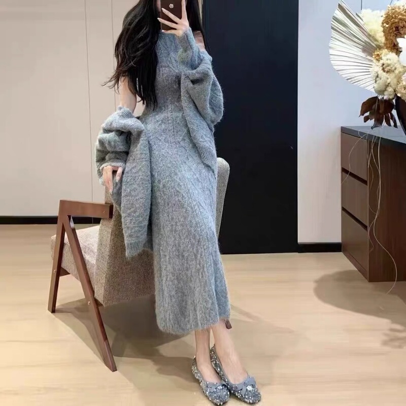 2026 Autumn/Winter New Korean Style Loose Casual Sweater Coat for Women, Gentle Dress + Cardigan Two-Piece Set 2026 Autumn/Winter New Korean Style Loose Casual Sweater Coat for Women, Gentle Dress + Cardigan Two-Piece Set