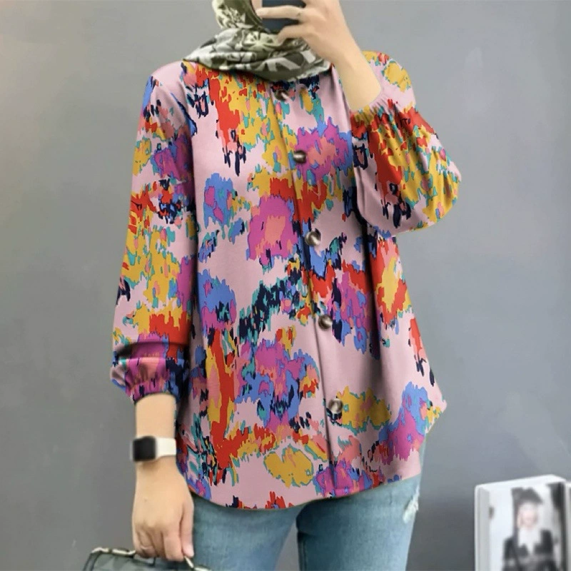 Кросс-бордерная женская мусульманская рубашка с цветочным принтом Amazon Ближний Восток Малайзия 2024, модные пышные рукава, оптовая партия от производителя