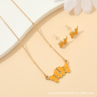 Korean Version of New Cross-Border Jewelry Versatile Alloy Butterfly Ring Bracelet Bracelet Necklace 2-Piece Set Multi-Color Set