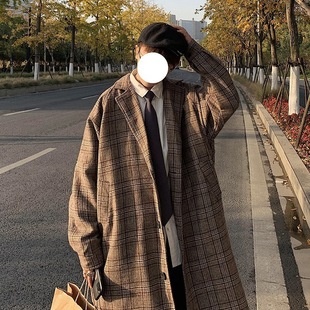 Mid-Length Plaid Woolen Outwear for Men in Autumn and Winter New Fashion Brand Trend Versatile Windbreaker Hong Kong Style Loose and Handsome Jacket