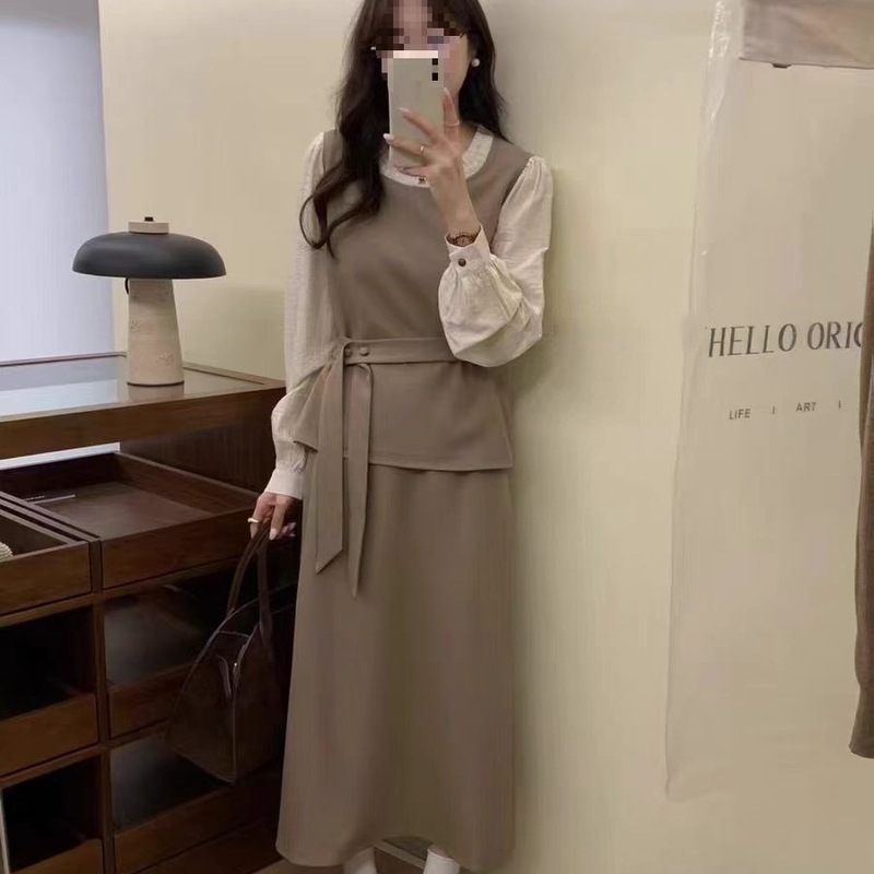 2025秋季新款韩系女洋气减龄百搭显瘦时尚套装假两件长裙两件套|undefined