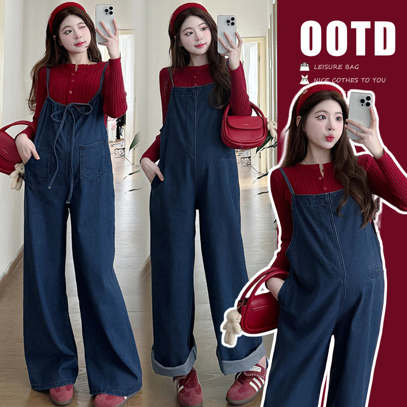 Real shot in stock new vintage casual suspenders front and back wear pregnant women wide leg jeans red sweater