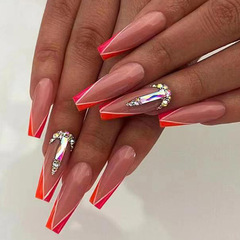 Long ballet fake nails, aurora square diamonds, two-color edges, orange and red color-blocked manicure pieces, wearable nail stickers, three-dimensional convex diamonds