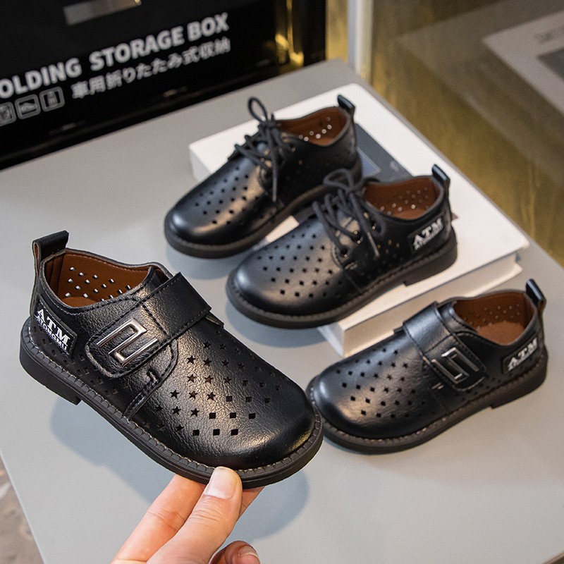 Boys' Leather Shoes Summer Soft-Soled Black Small Leather Shoes Kidsren's Performance Performance Cut Out Black Leather Shoes Spring & Fall New Students