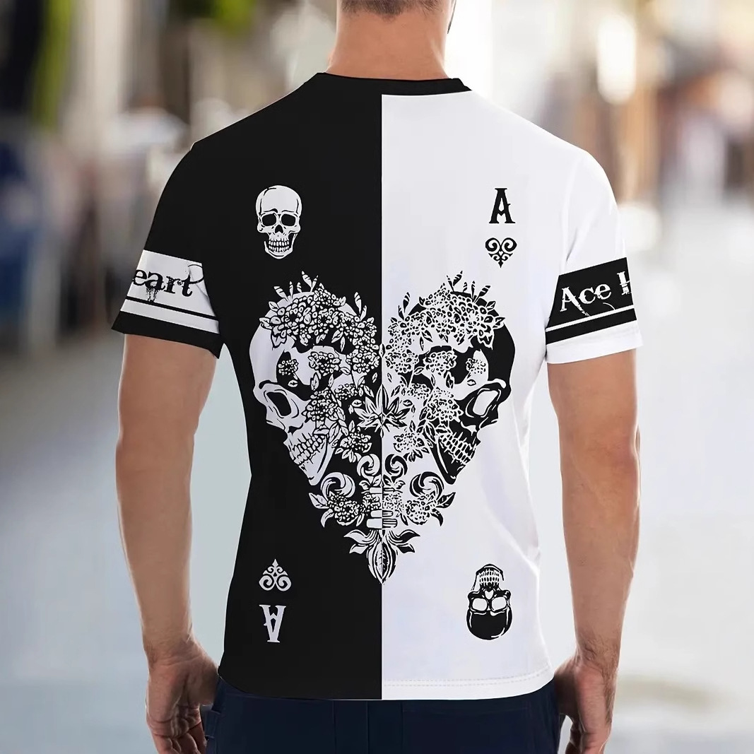 Retro color de contraste en forma de corazón esqueleto 3D impresión digital para hombre verano suelto y transpirable manga corta camiseta de cuello redondo