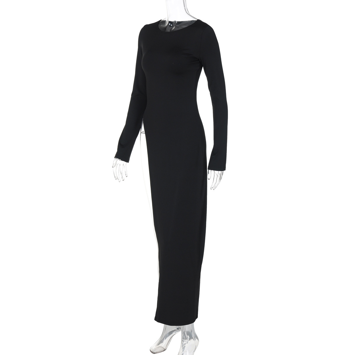 Slim Fit Type Wholesale Women's Streetwear Slit Dress Solid Color Holiday Round Neck Long Sleeve Slit Dress
