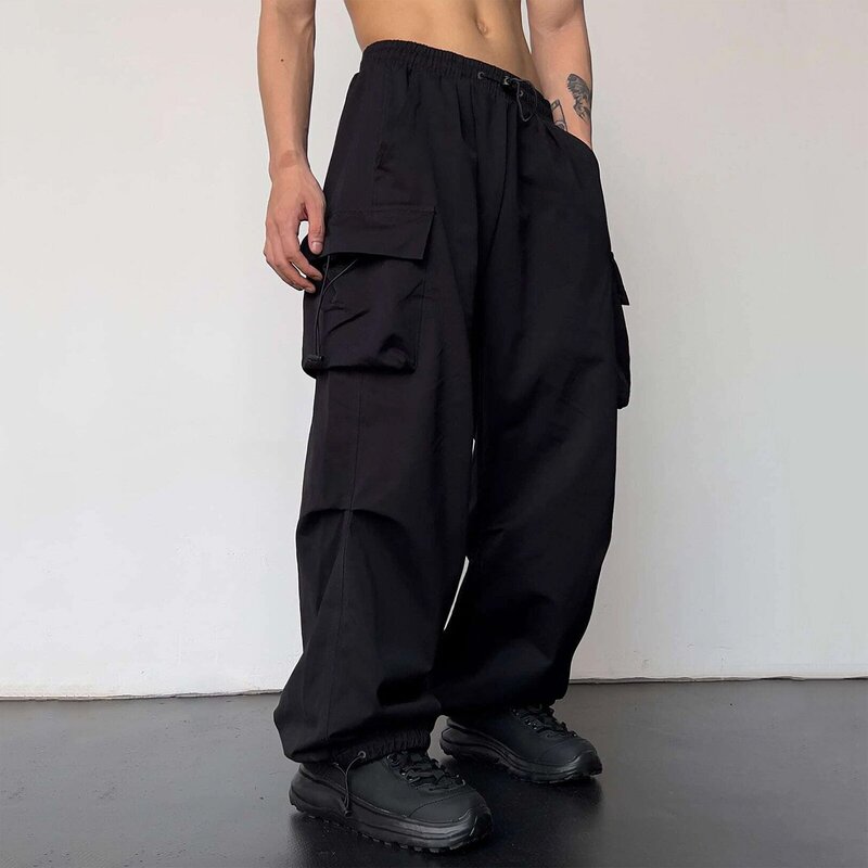 2024 Nylon Quick-Drying Overalls Men's Summer New American Parachute Pants High-Waisted Wide-Leg Casual Drawstring