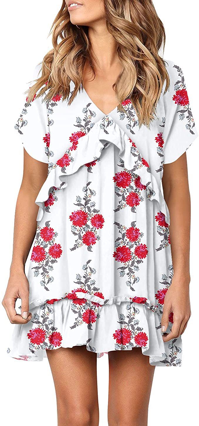 Vestido de manga corta con cuello en V y volantes sueltos con estampado de flores de -Multicolor NSFH133023