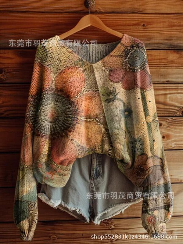 独立站新款高领卫衣仿毛衣 秋冬季碎花圆领宽松毛衣2|undefined