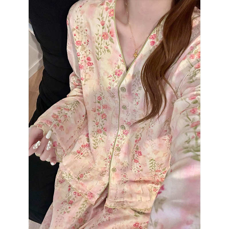 Sweet girly floral cotton gauze long-sleeve pajamas for women, new spring cardigan and long pants soft and cozy home wear two-piece set Sweet girly floral cotton gauze long-sleeve pajamas for women, new spring cardigan and long pants soft and cozy home wear two-piece set