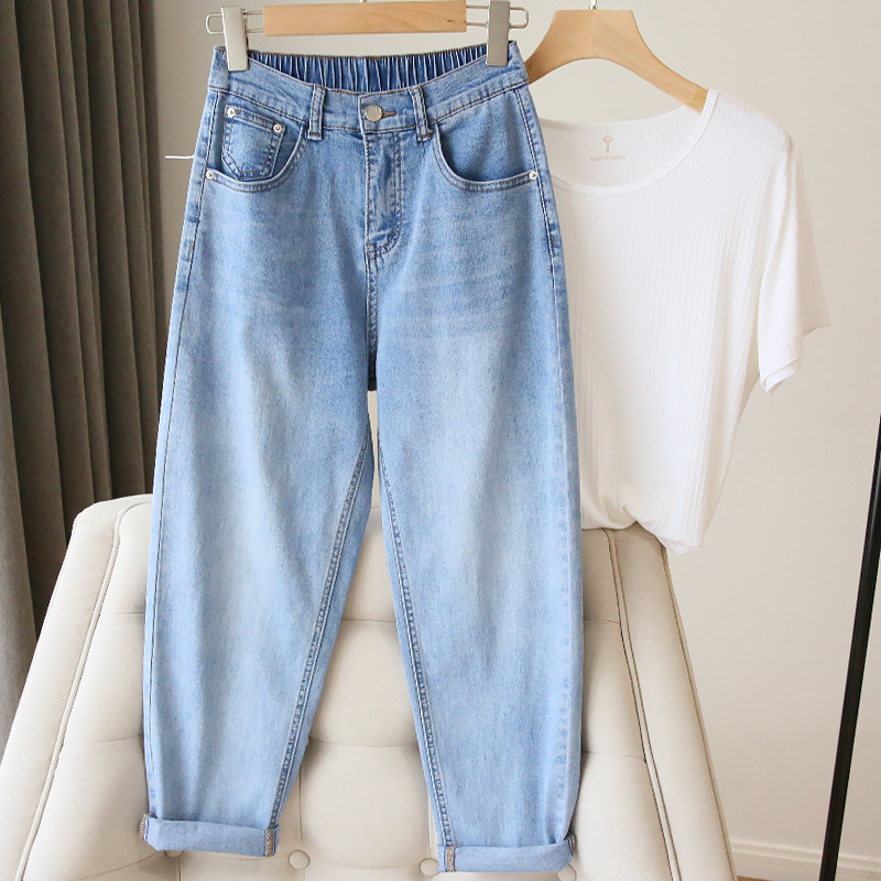 The King of Trousers in the Store ~ Looks Slim! Elastic High-Waisted Jeans for Women, Loose Straight Leg Nine-Point Daddy Pants, Spring and Summer Thin The King of Trousers in the Store ~ Looks Slim! Elastic High-Waisted Jeans for Women, Loose Straight Leg Nine-Point Daddy Pants, Spring and Summer Thin