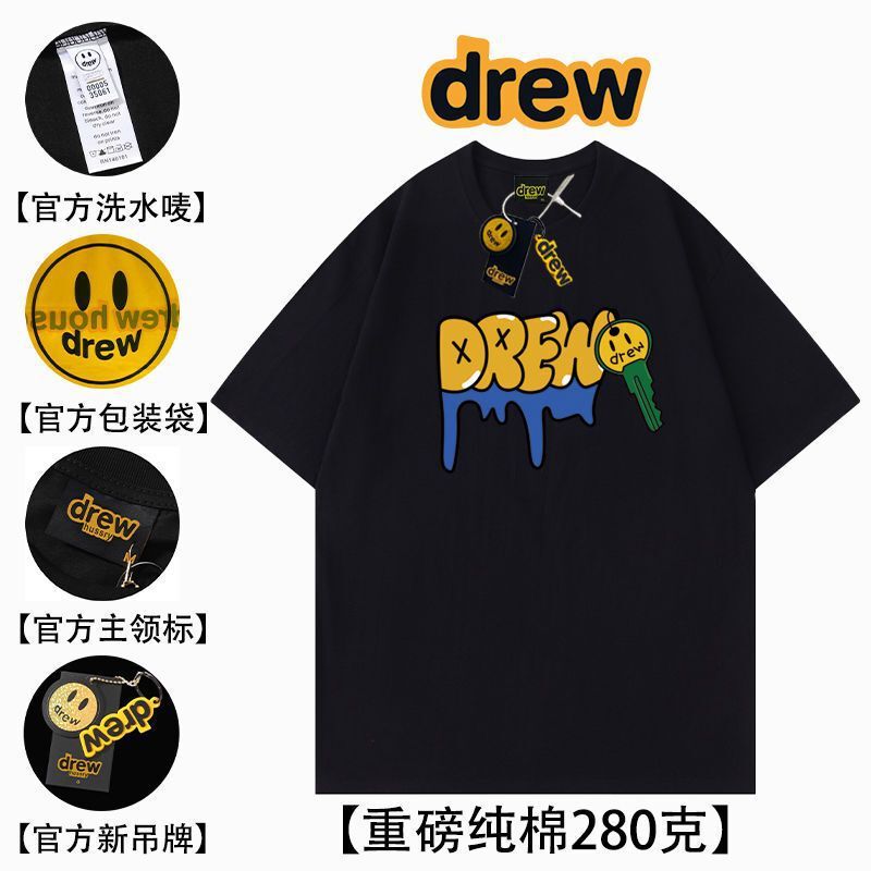 DREW popular Korean style smiley face key short-sleeved T-shirt men's and women's heavy cotton ins American all-match couple's top
