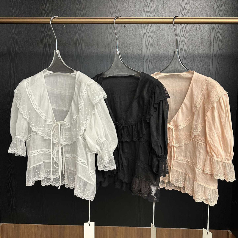 Dtwo202 New Summer Style Lace Trim Lace Ramie Patchwork Lace Ruffle Tie Shirt 6221375