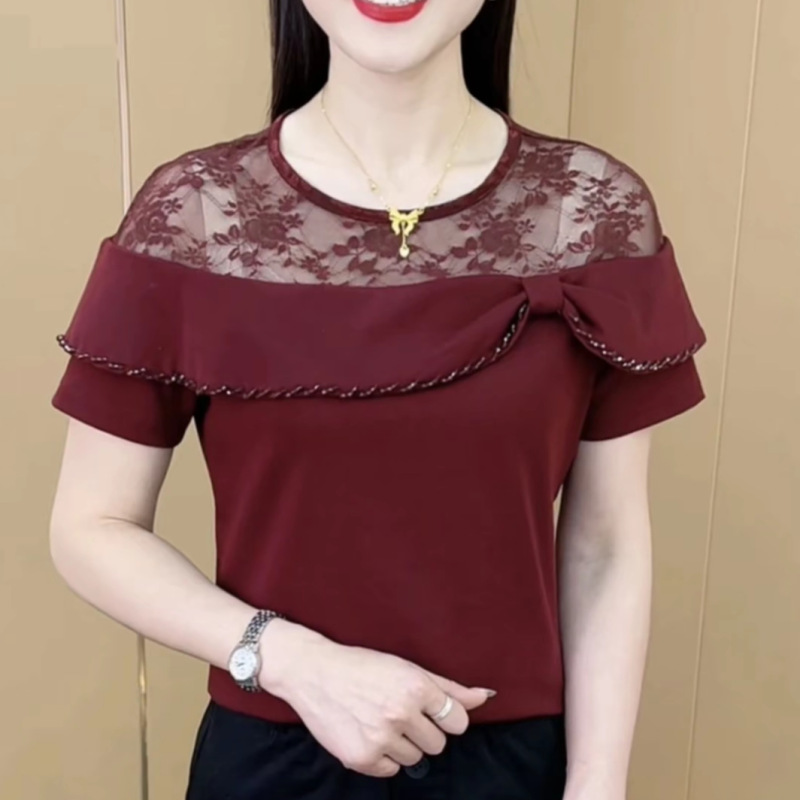 2025夏季新款时尚设计感圆领蕾丝拼接短袖T恤女百搭洋气上衣潮|undefined