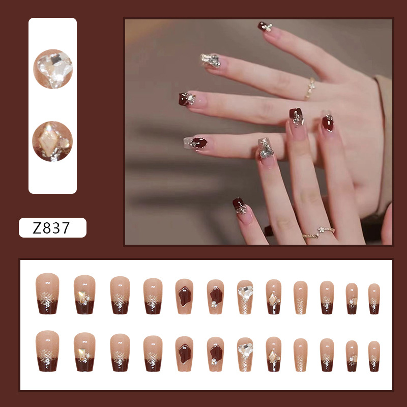 Wearing detachable wine red art the New Year, heart diamond decoration for fake nails, Baoshan art, French nail ballet_voghion.com