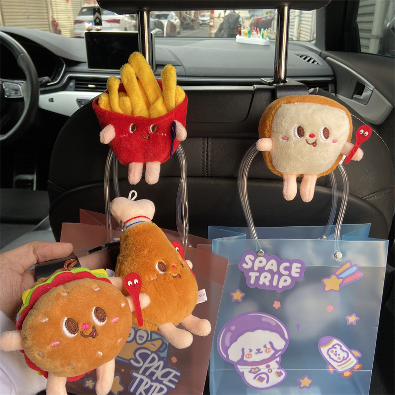 Gancho de automóvil peluche lindo pan hamburguesas perros calientes silla de respaldo asiento de automóvil multifuncional almacenamiento trasero estante de disposición