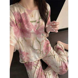 轻奢气质印花棉绸睡衣女款夏季新款大码宽松长袖长裤家居服两件套