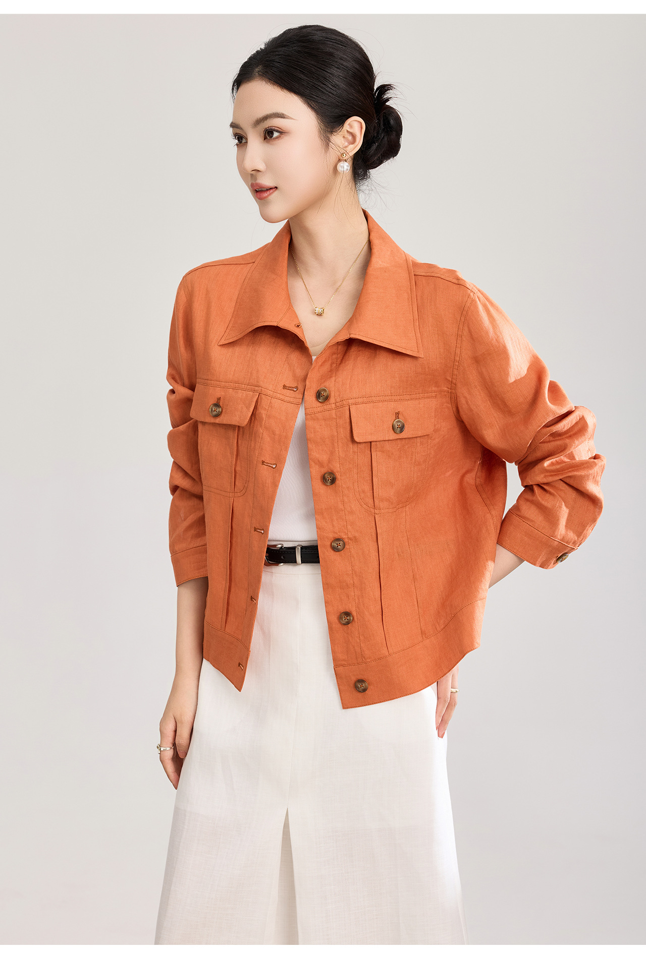 Áo sơ mi nữ linen phong cách Old Money hai túi xếp ly kiểu công nhân — màu cam chi tiết 22
