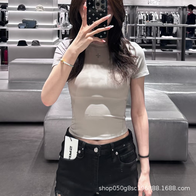 Sk Animal Body Shaping Skin Short Tee Cross Round Neck Slim Fit Sports Casual Short Sleeve T-Shirt Top 025 Summer