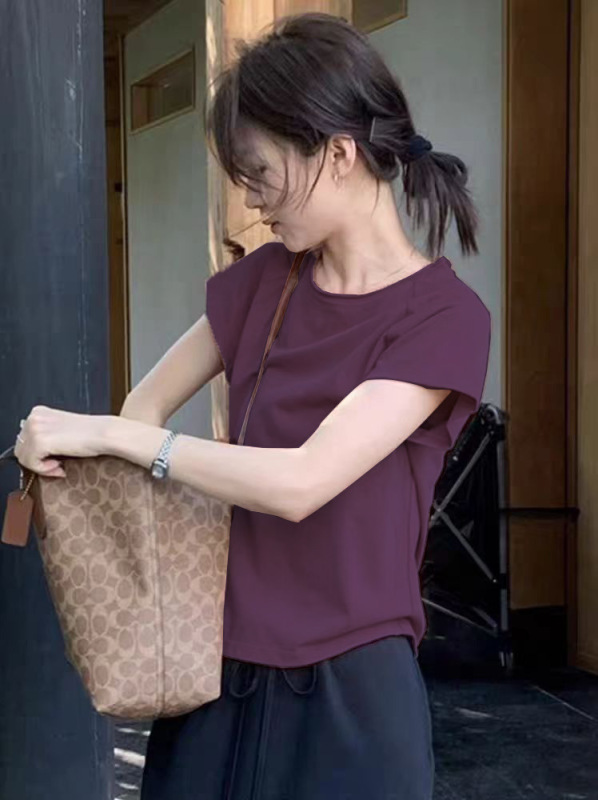 ピンクの右肩半袖Tシャツ女性用2025夏多用途新スタイル着用スリムフィットショートボトムシャツトップ|undefined