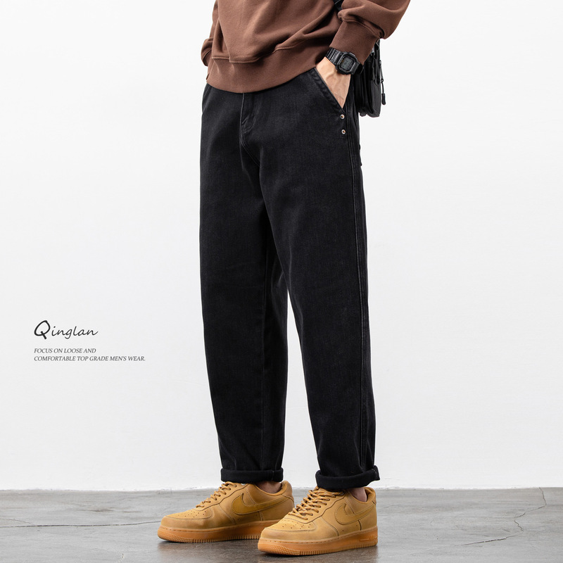 Lightwave Tapered Jeans Men's Loose Straight Trendy Casual Elastic Large Size Black Velvet Pants Autumn and Winter New Style