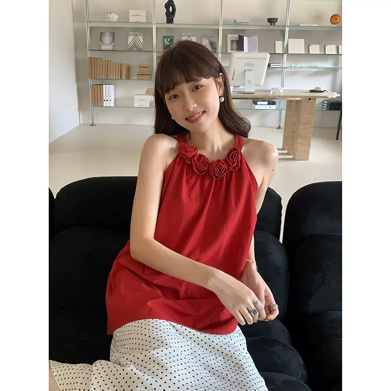 【波尔多花房】歌铭立体花苞领挂脖背心女夏季新款吊带上衣N026B