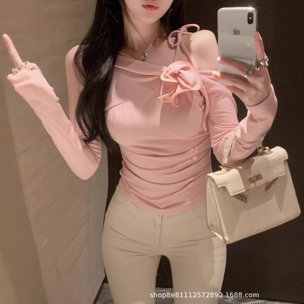 (2개) 입체 꽃 어깨 톱 여자 겨울 긴팔 티셔츠 주름 하이 엔드 올매치