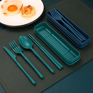 Amazon tableware suit plastic PP knife fork spoon chopsticks four-piece children student home portable full set wholesale