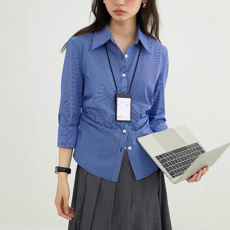 Trendy Preppy Retro Style Slim-Fit Waist-Cinching Shirt Top for Women Autumn Casual Versatile