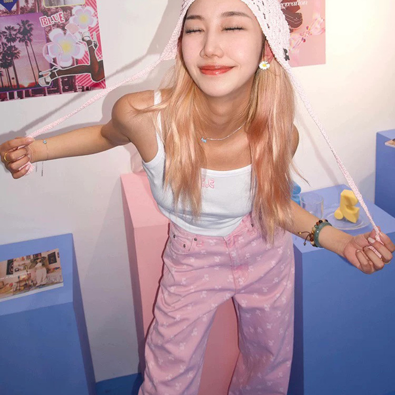 Korean Niche Autumn New Rr Pink All-Over Printed Jeans Jennie's Same Style Straight Wide-Leg Pants Casual Pants for Women