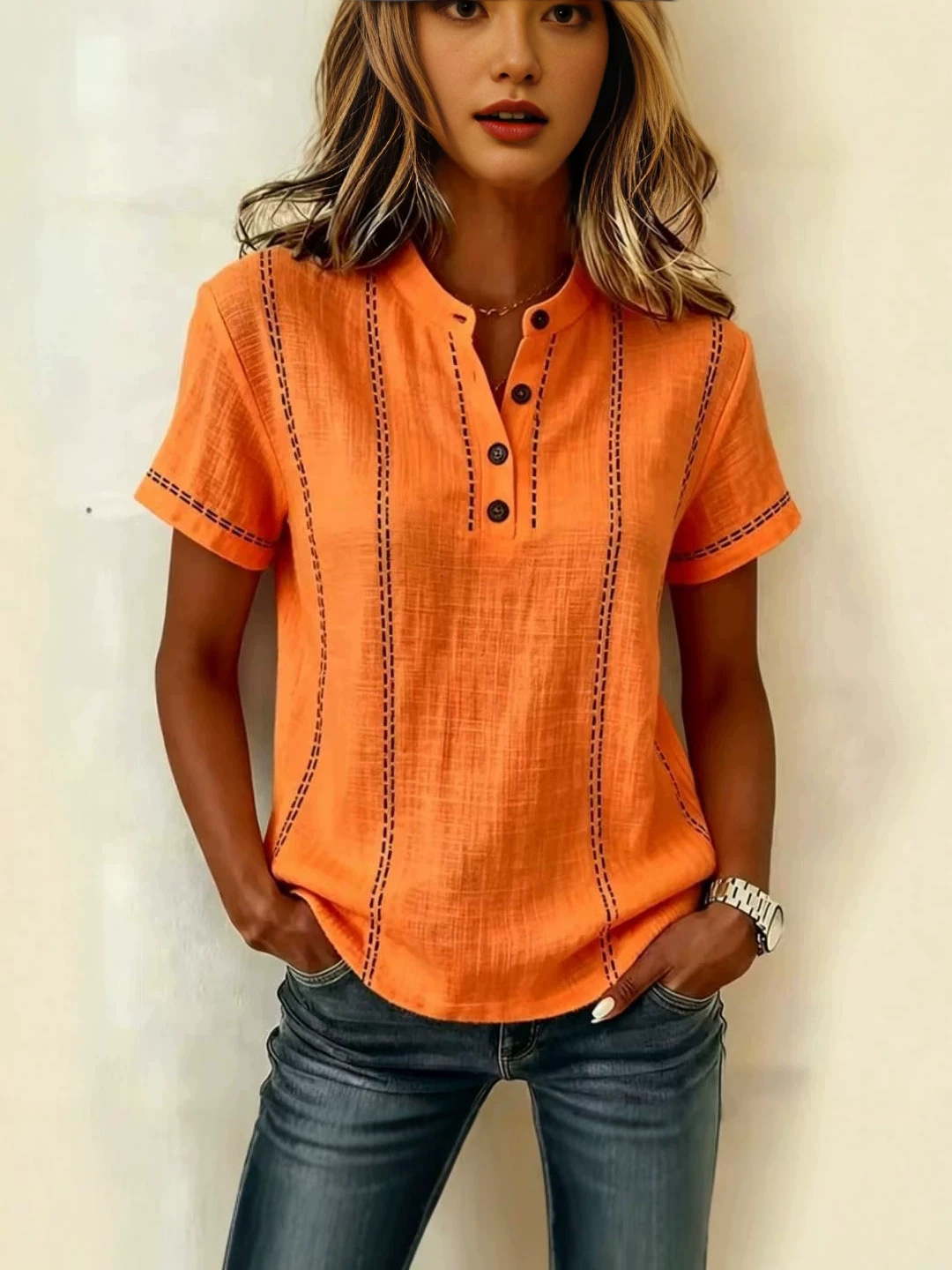 Transfronterizo 2026 estación independiente Amazon verano relajado casual explosión impresa botón de cuello de pie camisa de mujer de manga corta