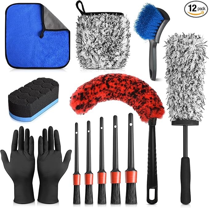 12Pcs Wheel Brush Set, Professional Wheel Cleaning Brush Kit with Long Handle Wheel Brush for Cleaning Wheels