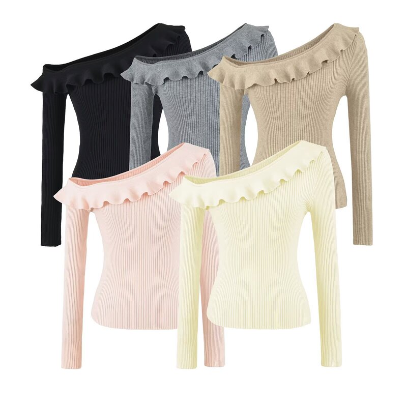 French-Korean style ruffled one-shoulder knitted long-sleeve top with ruffle trim, off-shoulder, slim-fit, sexy, trendy top French-Korean style ruffled one-shoulder knitted long-sleeve top with ruffle trim, off-shoulder, slim-fit, sexy, trendy top