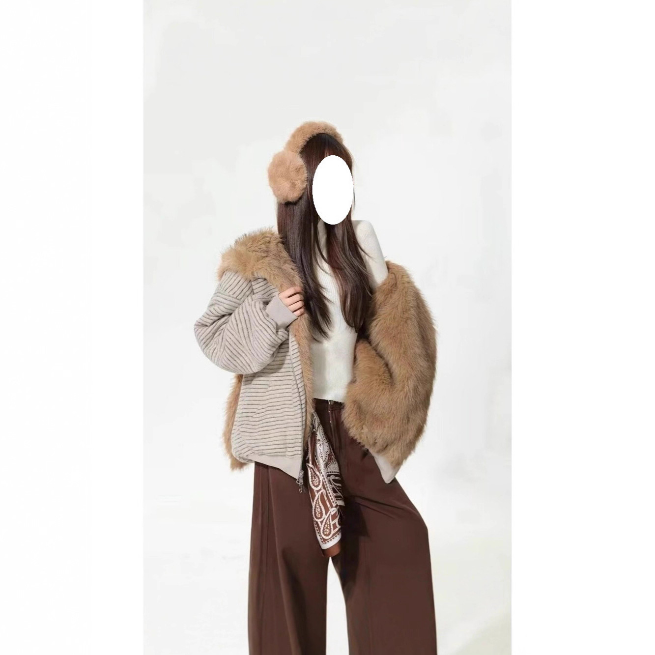 冬装连帽兔耳朵卫衣女2025韩版宽松棉服版内里全毛绒条纹开衫外套