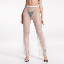 欧美跨境2024透视满钻弹力渔网彩钻镂空性感休闲女装长裤休闲百搭