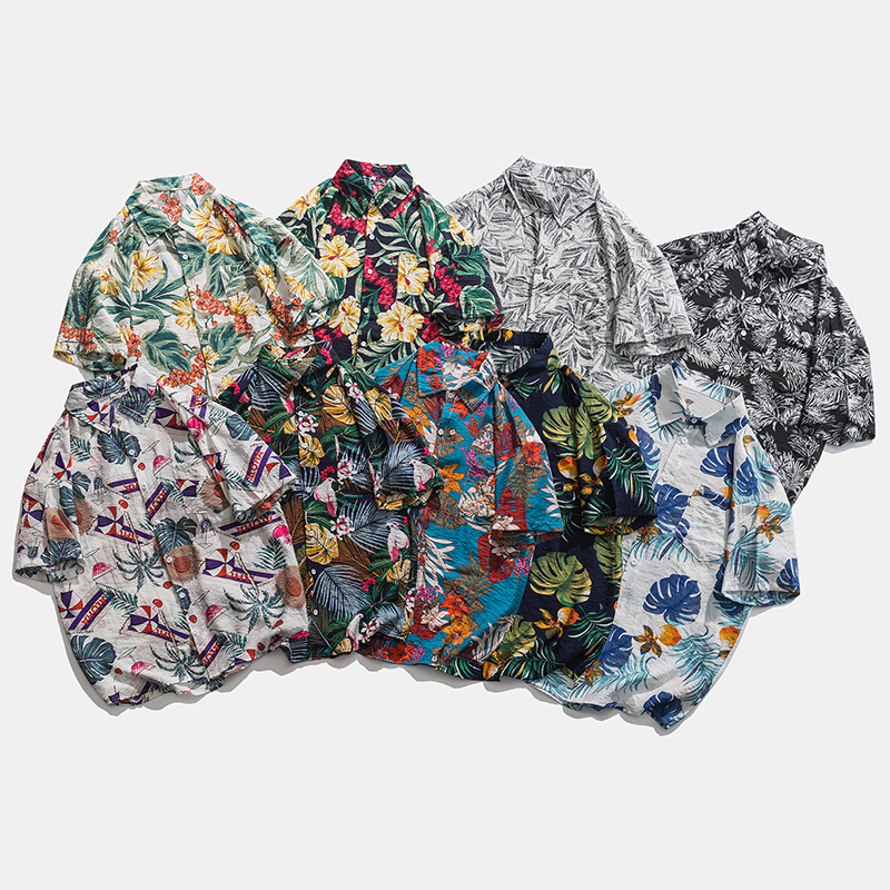 2023 Summer Short Sleeve Shirt Men's Color Hawaiian Beach Style Printed Shirt Easiest for Match Ice Silk Inch Shirt