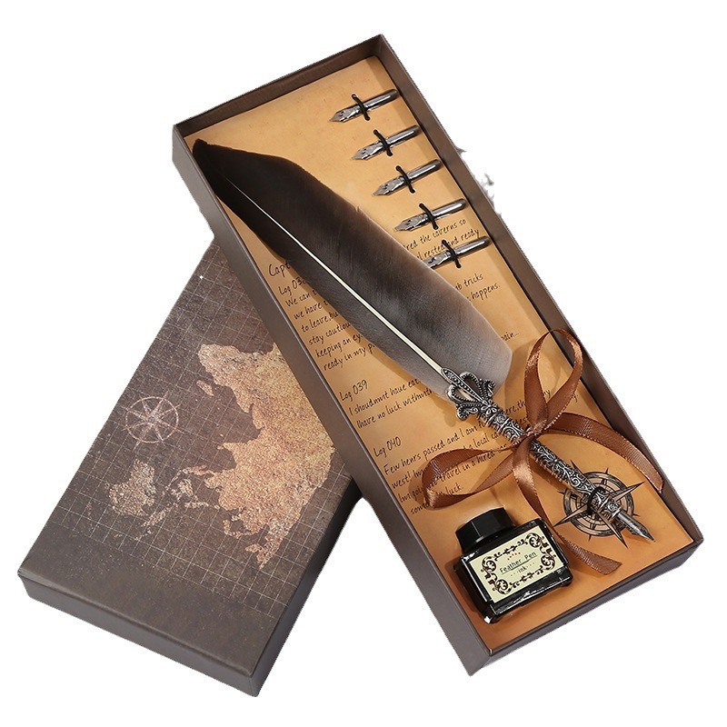 Map Creative Steel Pen Gift Box Crown Feather Pen Set Vintage Metal Pen Gift Pen