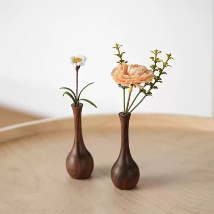 無垢材のレトロな花瓶、ドライフラワー、木製の花器、クラシックでコンパクトな卓上装飾花瓶、クルミ材|undefined