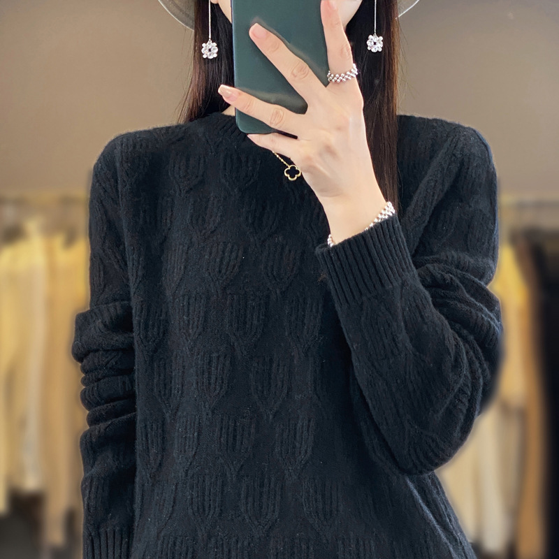 2025秋冬新款套头毛衣洋气宽松树叶图案针织衫女圆领加厚打底衫冬|undefined