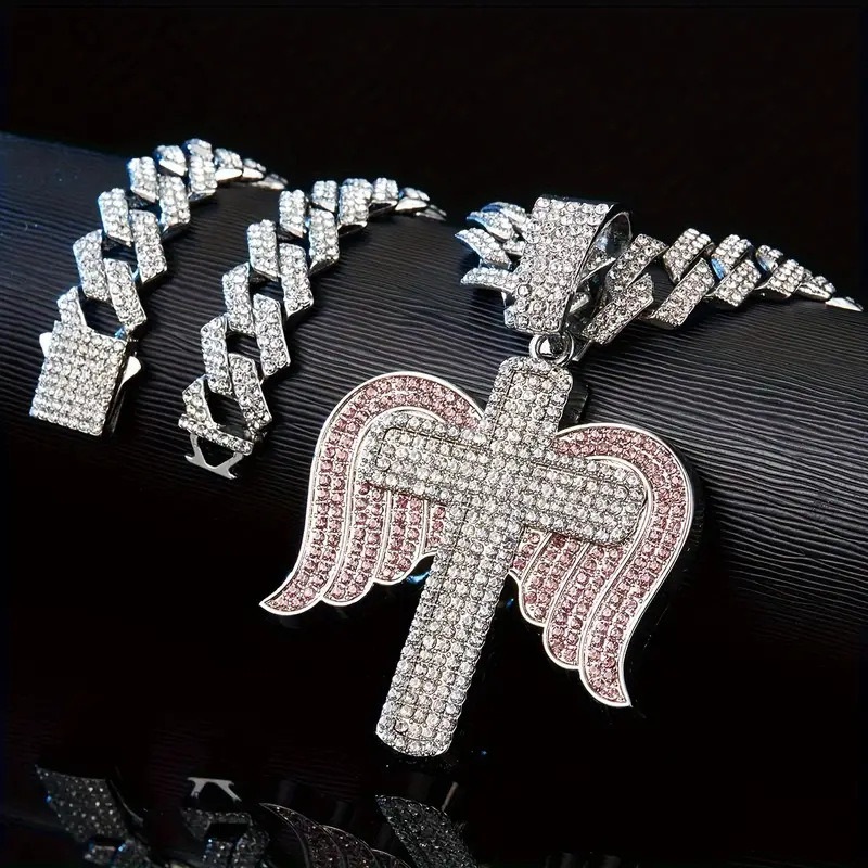 Cross, Wings Pattern New Rhinestone Personality Diamond Stud Angel Wings Cross Pendant Hip Hop Creative Necklace