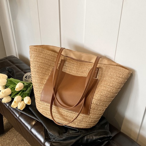 Large-capacity woven bag tote bag 2024 new high-end texture single-shoulder straw women's bag portable vacation beach bag