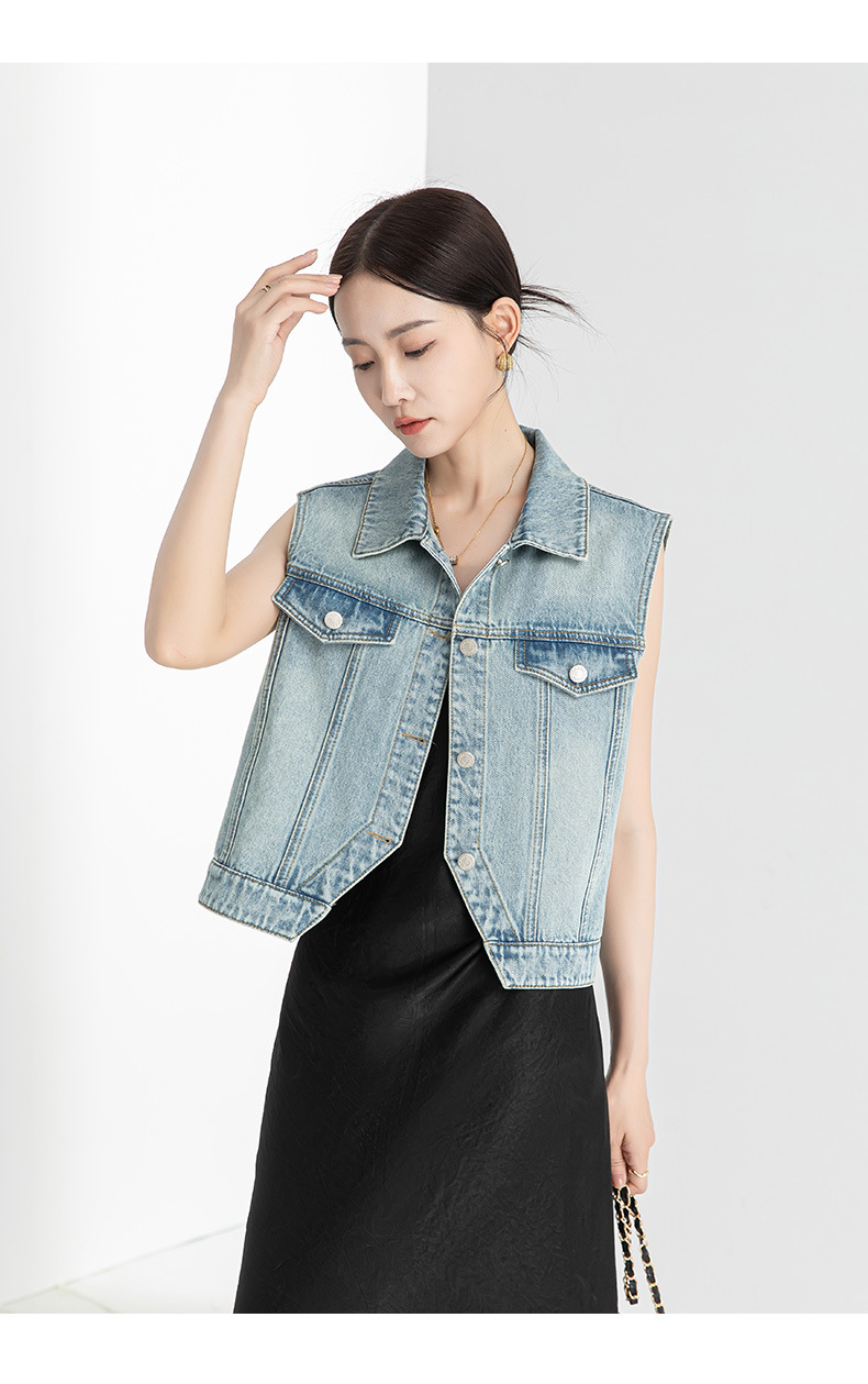 Áo gi lê bò mẫu ngắn Xinge không tay cạp cao cá tính thời trang tôn dáng mặc ngoài mùa hè — Màu xanh lam nhạt chi tiết 21
