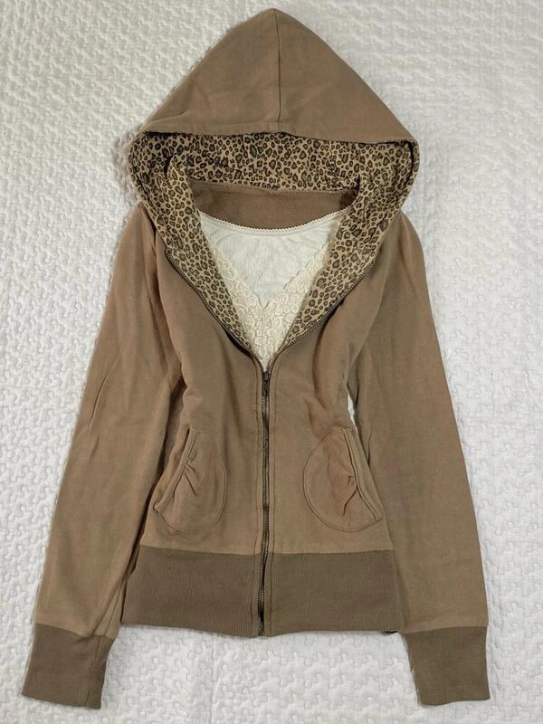 American Retro Vintage Niche Sexy Sweet and Cool Y2K Brown Leopard Print Hooded Cardigan Sweatshirt Jacket
