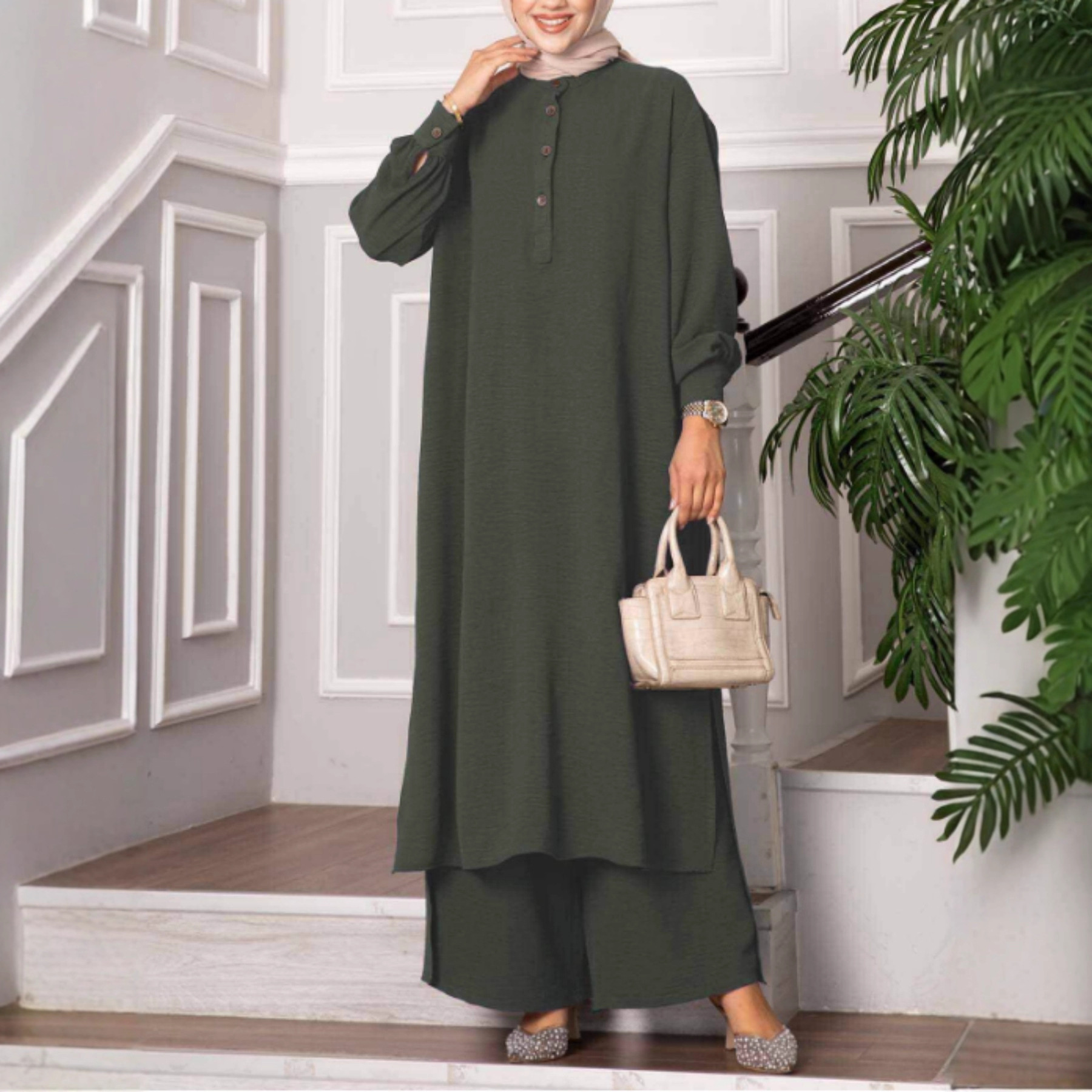 Abito da sera modesto da donna, abbigliamento musulmano ampio, completo casual da donna, top a maniche lunghe con scollo rotondo e bottoni e pantaloni a gamba larga._voghion.com
