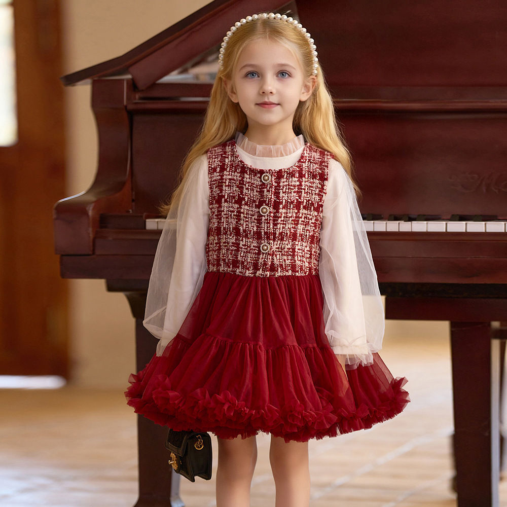 2026 Girls' Little Chanel Style Dress Autumn and Winter Mesh Puffy Princess Dress Fashionable Girls' Christmas Tank Dress Trendy
