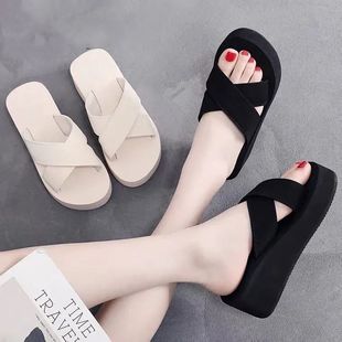 Cross Slippers Women's Summer Internet Celebrity ins Casual Slim-fit Slippers Wedge Thick-soled Seaside Non-slip Beach Shoes