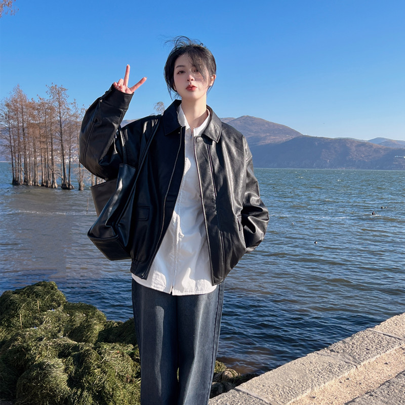 Leather Jacket Women's 2025 New Spring and Autumn Motorcycle Short pu Leather Black Jacket Loose Trendy Small Top