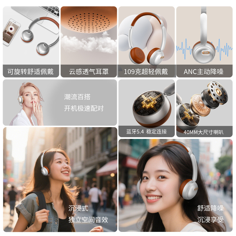 2025新型bluetoothヘッドセット装着式レトロ高颜値無線bluetoothノイズキャンセルヘッドセット現物メーカー直ロット|undefined