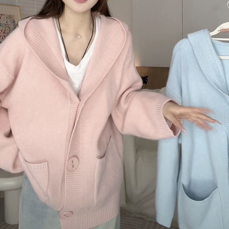 Women's hooded knitted cardigan 2026 autumn and winter new style, mid-length with pockets, loose and casual style, versatile