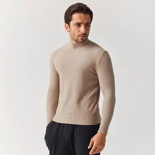 Men's Half-High Collar Seamless Heating Warm Top for Autumn/Winter, Fleece Lined, Body-Fitting, Can Be Worn Outside